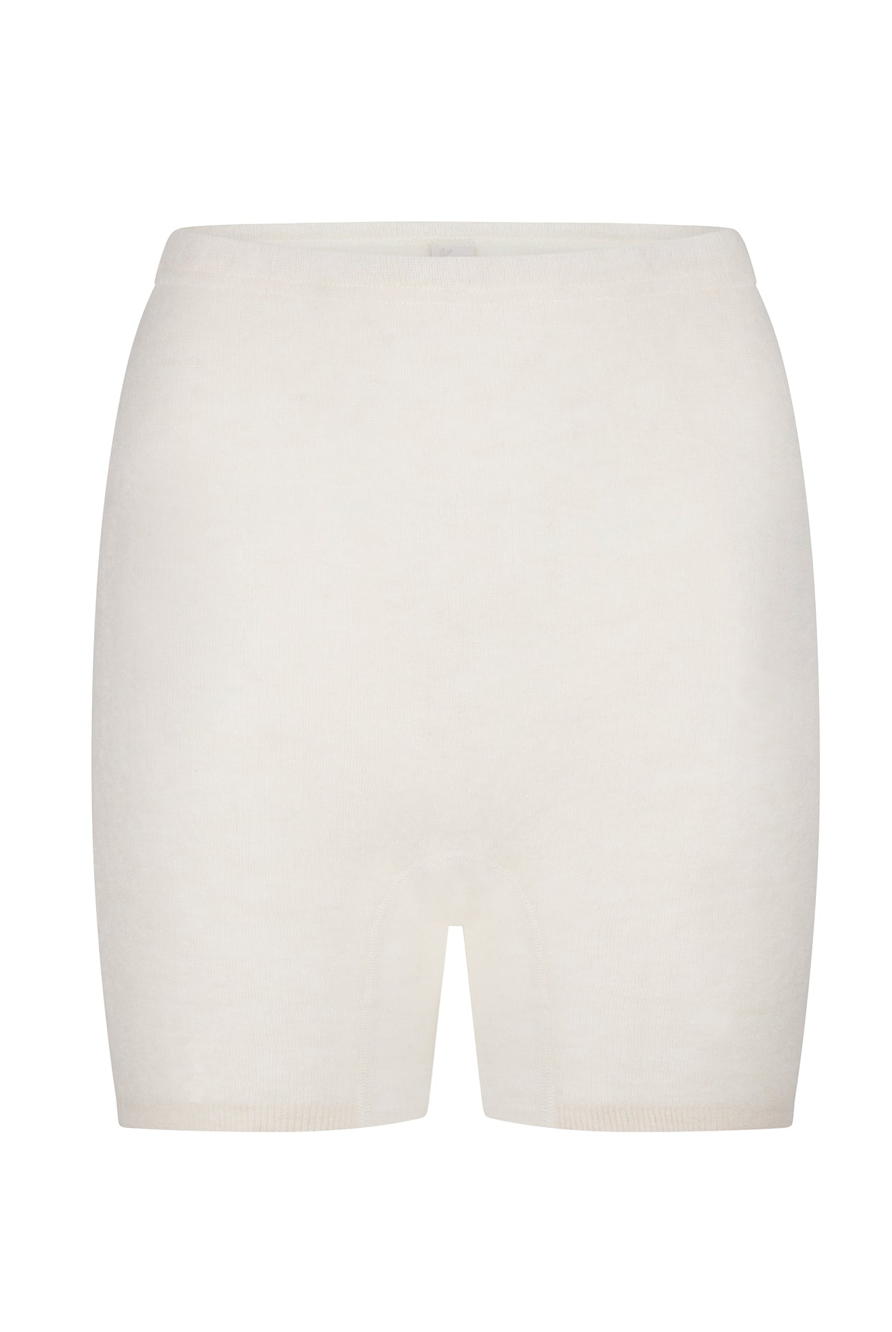 ALPAKA Damen Panty AMARU: Cremefarbene, nahtlose, hoch taillierte Strickshorts in Mid-Thigh-Länge, ideal als Basisschicht, bekannt für Komfort und Hautfreundlichkeit.