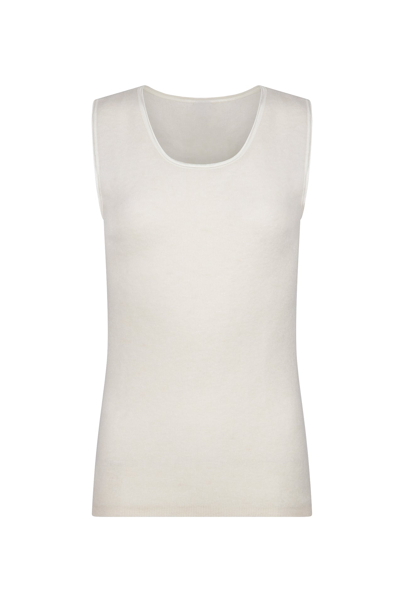 ALPAKA Damen Top AYDA: Weißes, ärmelloses Rib-Knit-Unterhemd, flach ausgelegt. Superweiche Alpakafaser sorgt für Wärme, Atmungsaktivität und Komfort bei empfindlicher Haut.