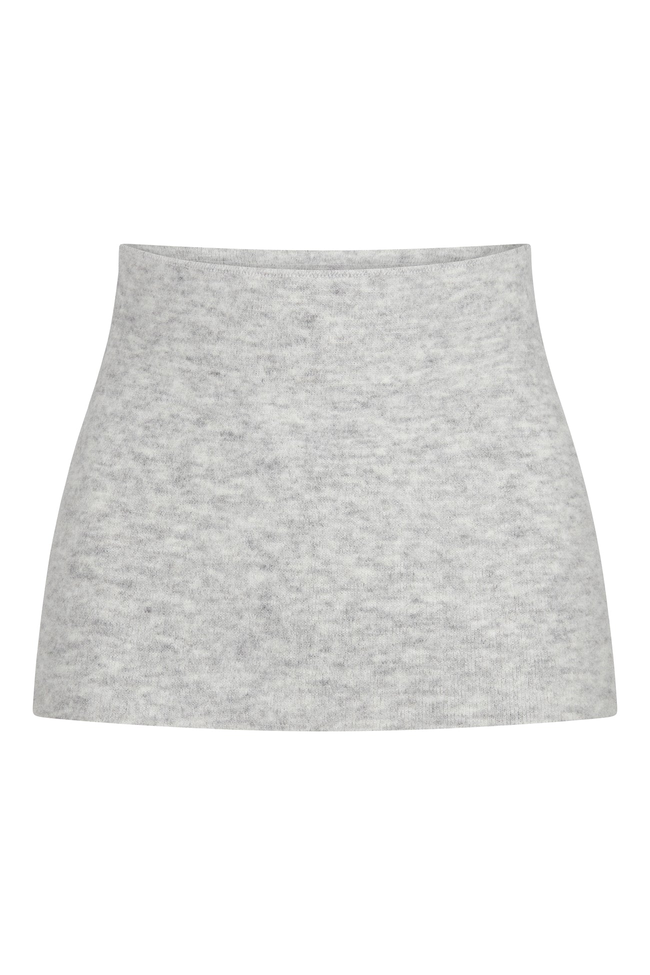 ALPAKA Rückenwärmer ALVA: Leicht-grauer, melierter Strick-Minirock, flach liegend, bietet wohltuende Wärme und Komfort, ideal für empfindliche Haut und kühle Tage.