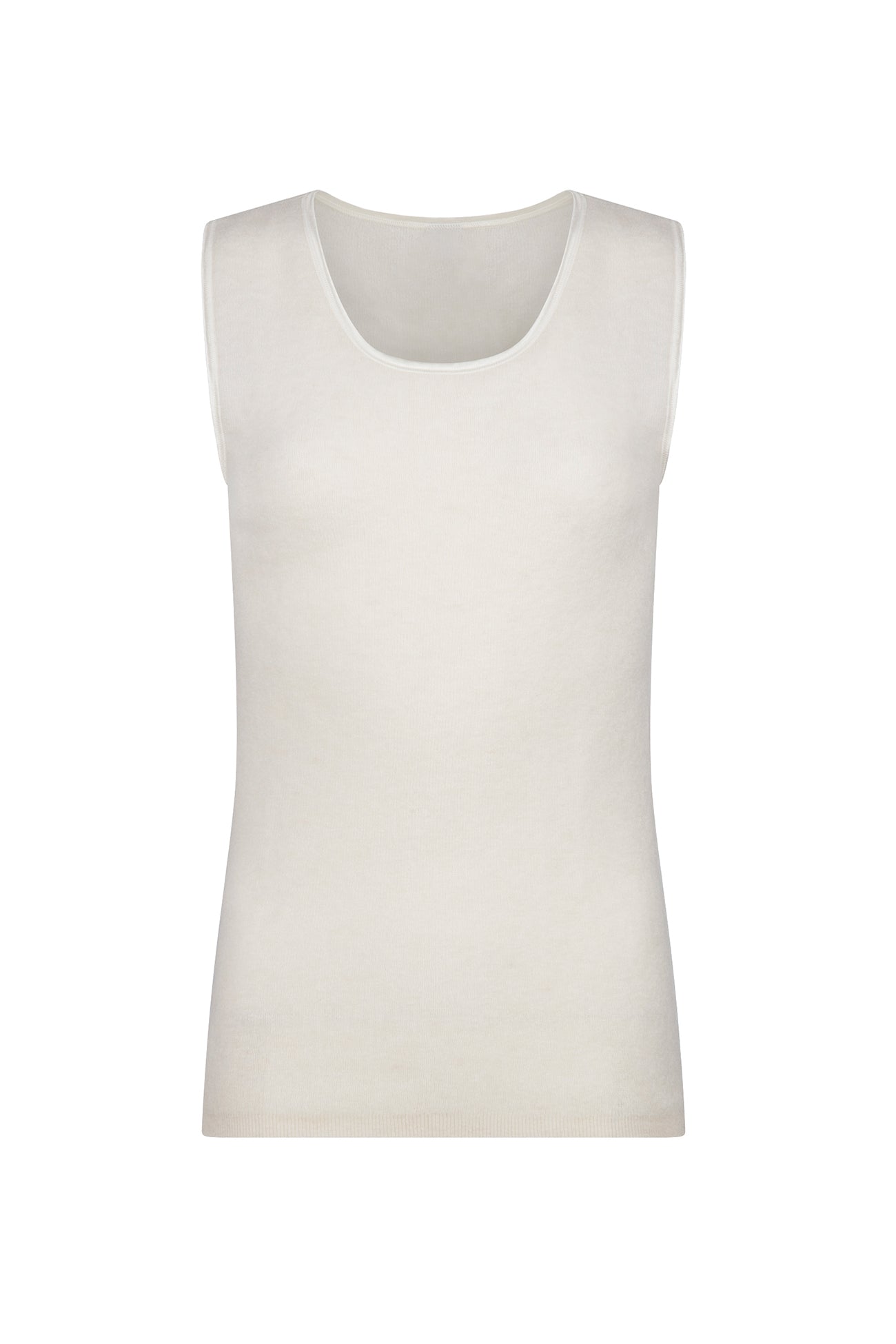 ALPAKA Damen Top AYDA: Weißes, ärmelloses Rib-Knit-Unterhemd, flach ausgelegt. Superweiche Alpakafaser sorgt für Wärme, Atmungsaktivität und Komfort bei empfindlicher Haut.